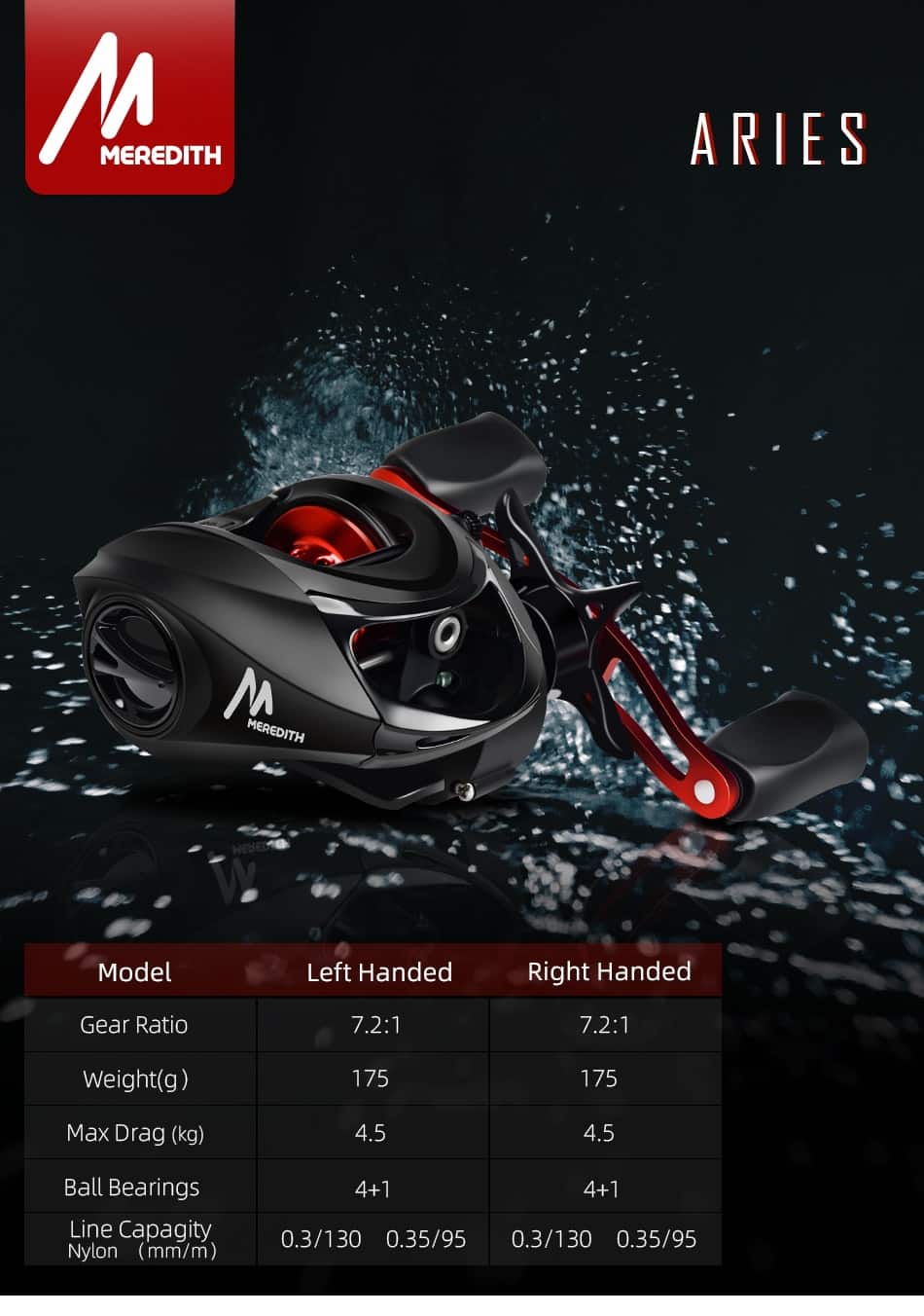 MEREDITH ARIES Baitcasting Fishing Reel 175g 4+1 Ball Bearings Drag Brake System Fishing Coil 7.2:1 High Speed Baitcast Reel