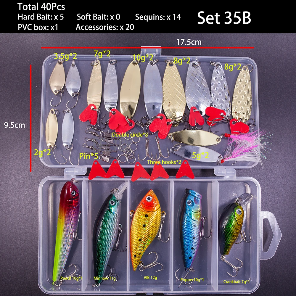 FFLYBG New Mixed Fishing Lure Set Soft and Hard Bait Kit Minnow Metal Jig Spoon Tackle Accessories with Box For Bass Pike Crank