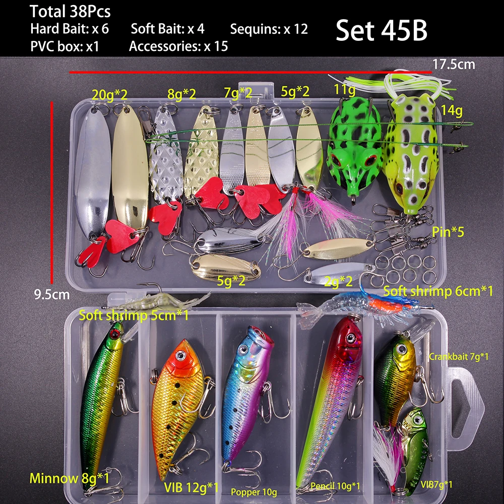 FFLYBG New Mixed Fishing Lure Set Soft and Hard Bait Kit Minnow Metal Jig Spoon Tackle Accessories with Box For Bass Pike Crank