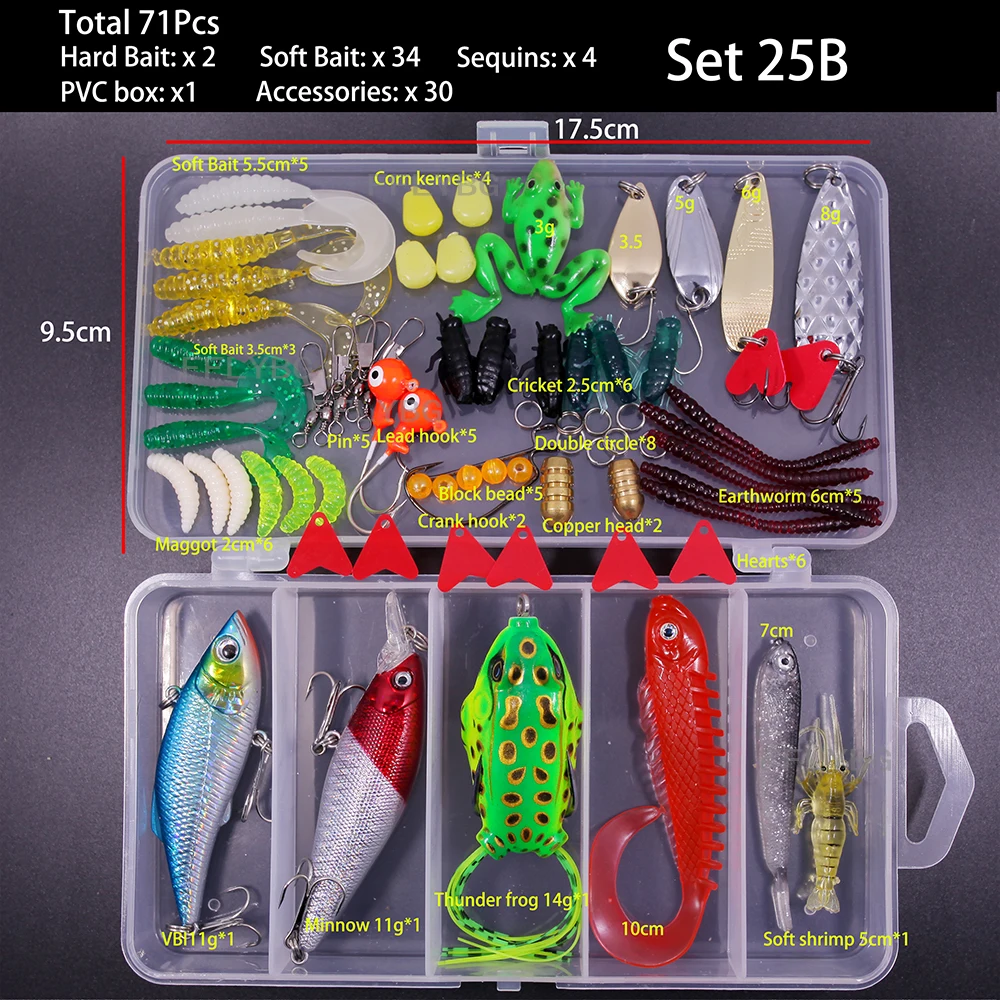 FFLYBG New Mixed Fishing Lure Set Soft and Hard Bait Kit Minnow Metal Jig Spoon Tackle Accessories with Box For Bass Pike Crank