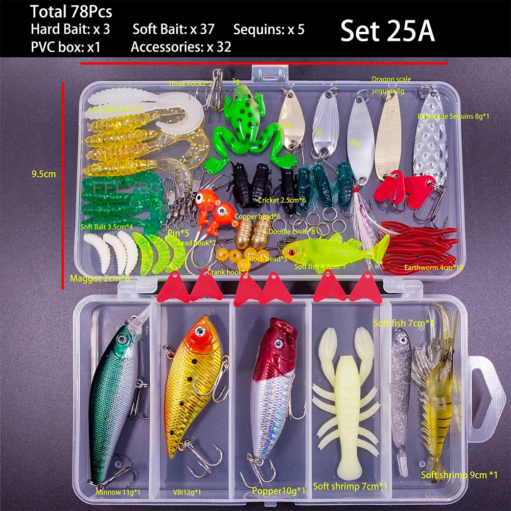FFLYBG New Mixed Fishing Lure Set Soft and Hard Bait Kit Minnow Metal Jig Spoon Tackle Accessories with Box For Bass Pike Crank