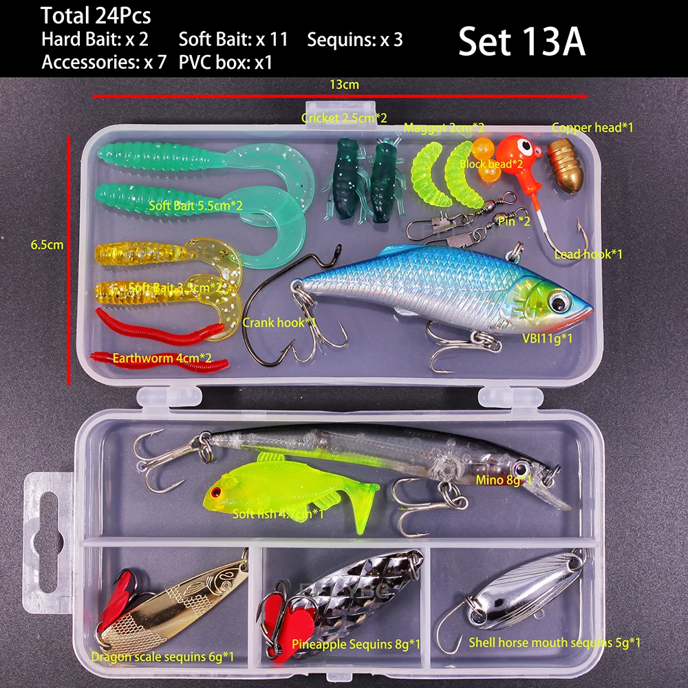 FFLYBG New Mixed Fishing Lure Set Soft and Hard Bait Kit Minnow Metal Jig Spoon Tackle Accessories with Box For Bass Pike Crank